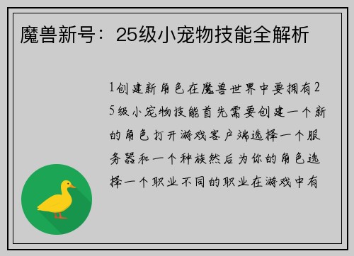 魔兽新号：25级小宠物技能全解析